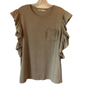 MIHOLL Blouse Top Large Womens Khaki Tan Sleeveless Flutter Sleeve Pullover